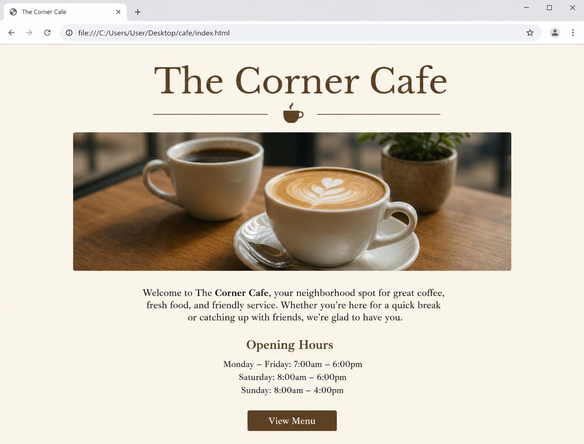The Corner Cafe website homepage with a serif logo, photo of coffee cups, and opening hours