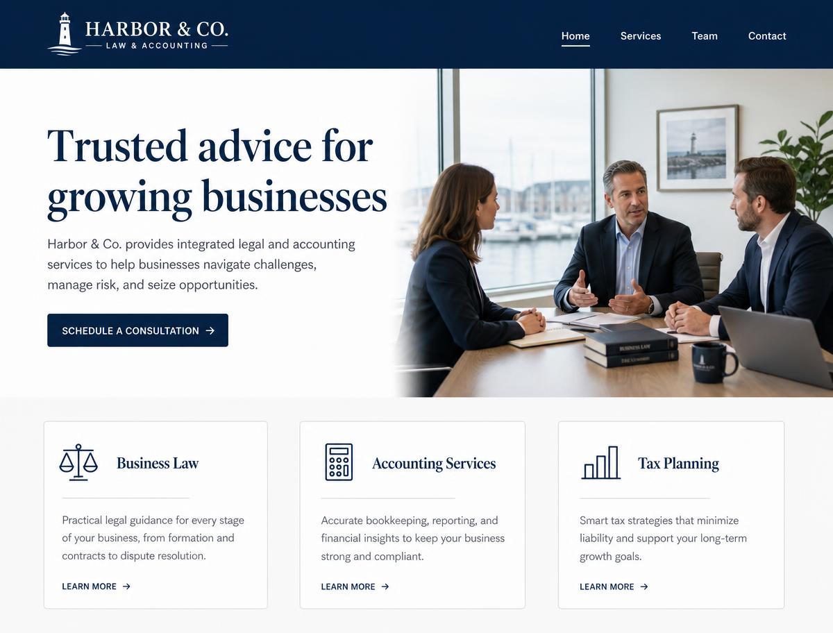 Harbor & Co. law and accounting homepage with a navy header, serif headline, office meeting photo, and three service cards