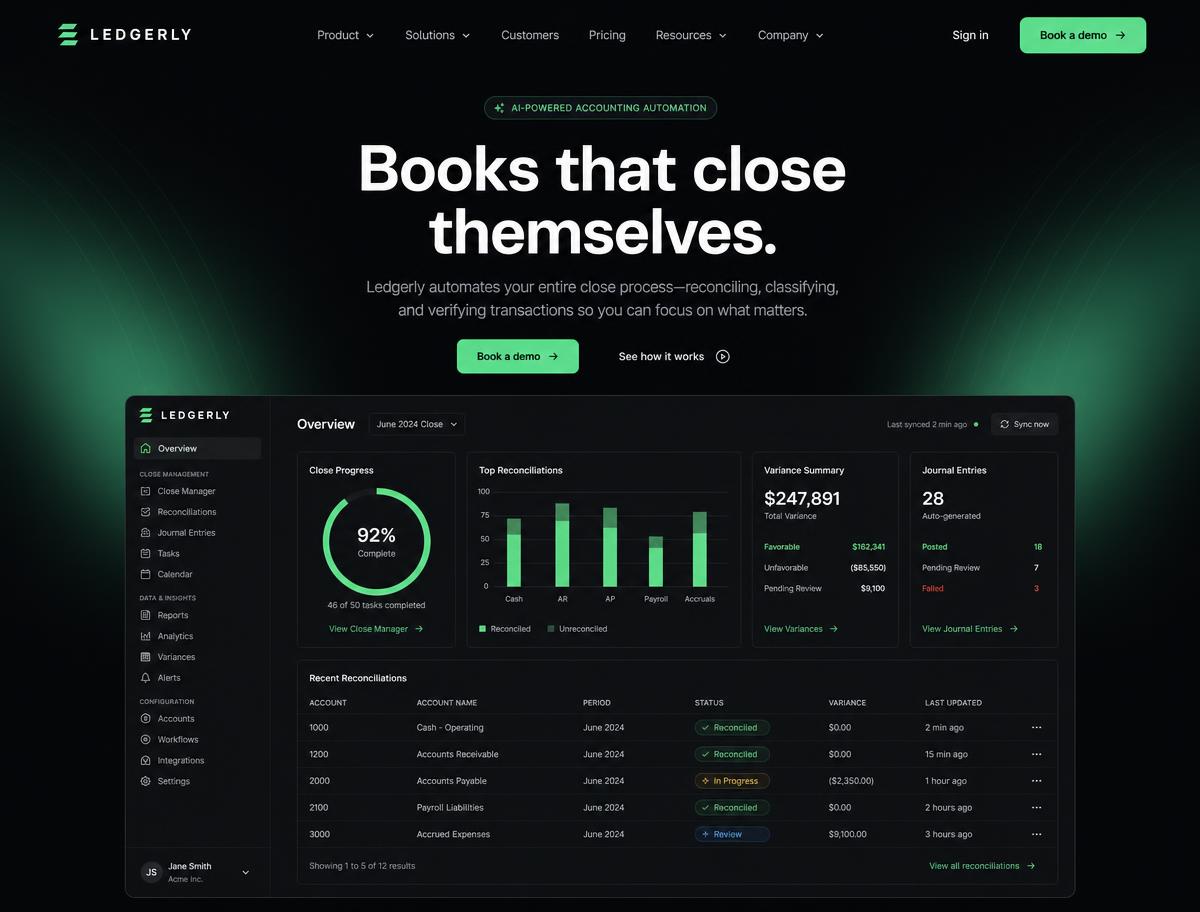 Ledgerly SaaS homepage with a bold headline and a dark accounting dashboard mockup with green accents
